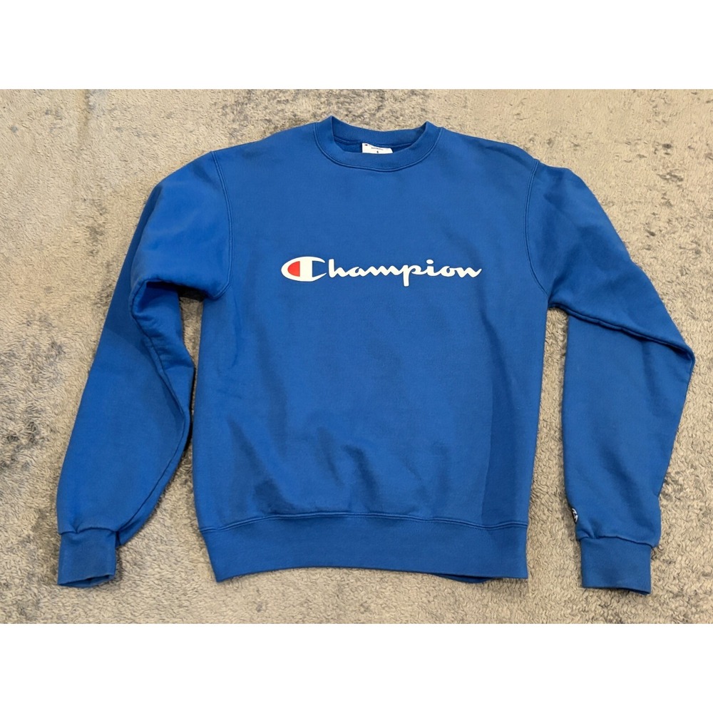 Champion Pullover Sweatshirt Script Logo Navy Blue Crewneck Mens Small Eco